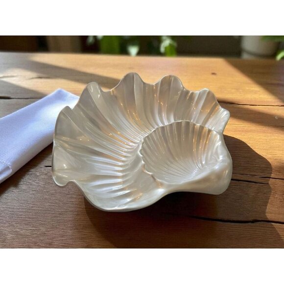 New Large White Opal Melamine Oyster Clam Shaped Appetizer Party Serving Plate - Picture 2 of 2